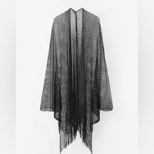 Casa Maca Black Shimmer Open Knit Mesh Fringe‎ Kimono Swim Cover One Size